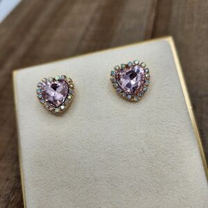 Betsey Johnson Pink Crystal Heart Stud Earrings • Brand New w/ Tags